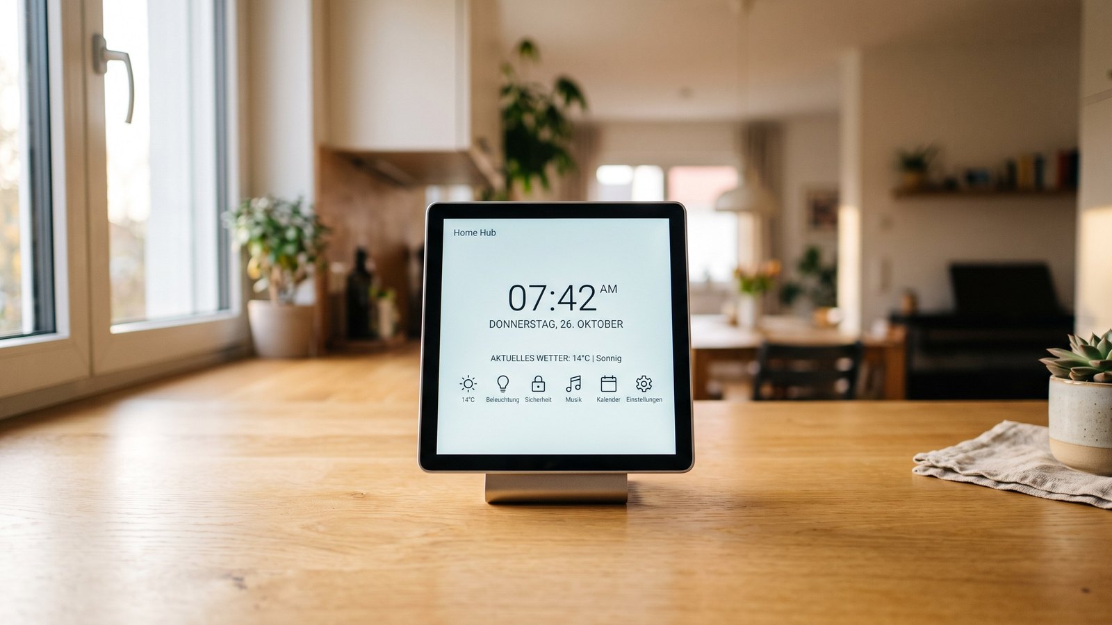 Smart-Home-Display mit Dashboard auf einer Küchenarbeitsplatte im Morgenlicht