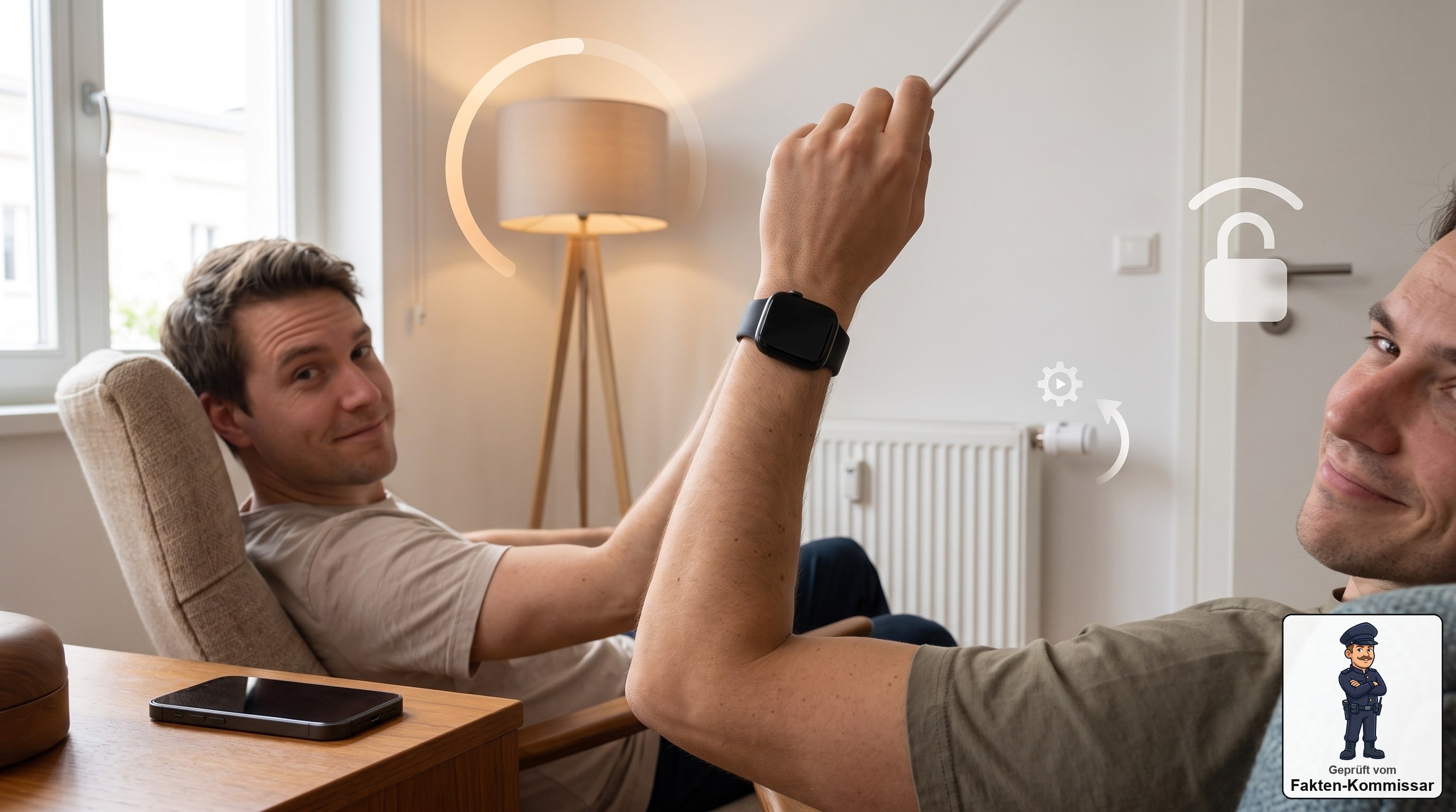 Apple Watch Series 10 am Handgelenk steuert Licht, Heizung und Türschloss, iPhone bleibt unberührt liegen