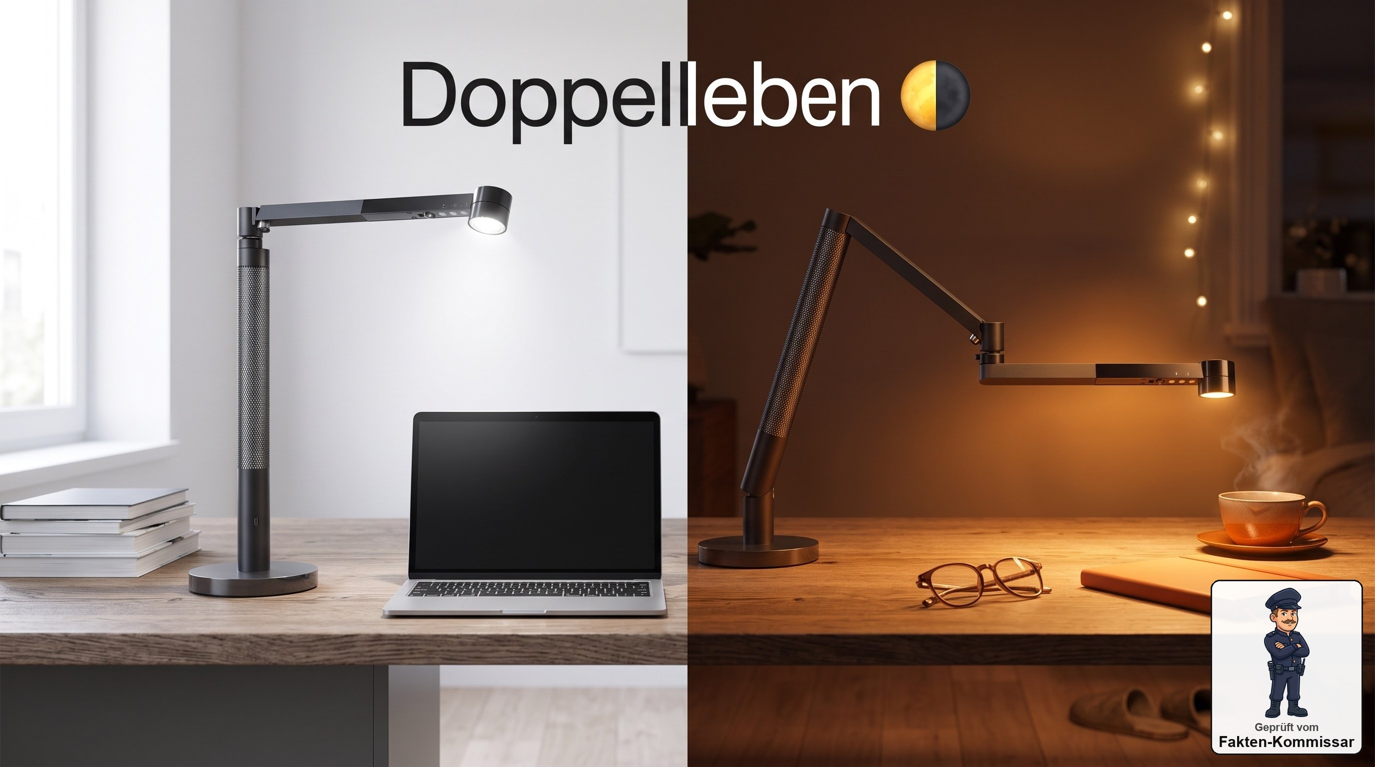 Dyson Lightcycle Morph tagsüber aufrecht als Arbeitsleuchte, abends umgeklappt als Stimmungslicht