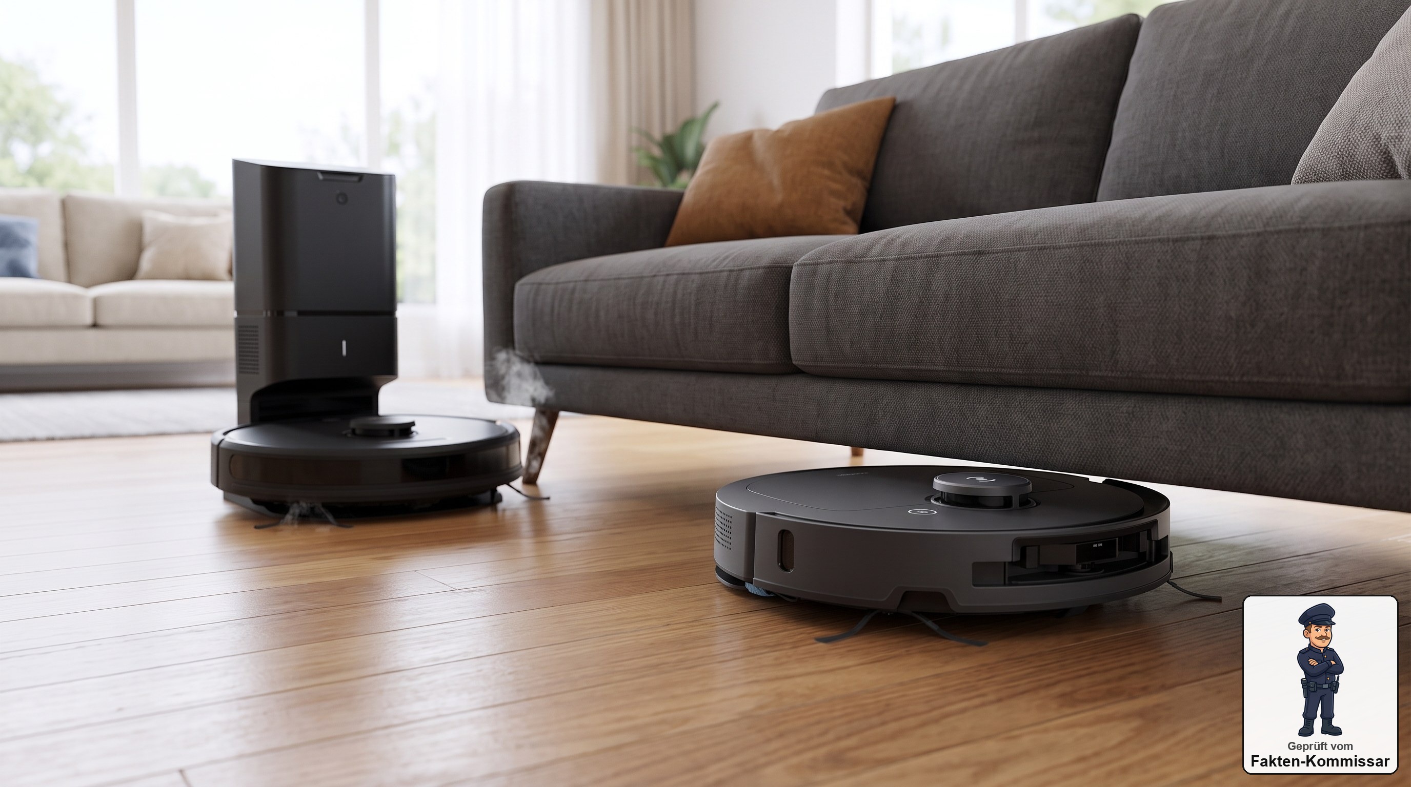 Ecovacs Deebot T50 Omni Gen3 gleitet unter ein niedriges Sofa, ein größerer Saugroboter bleibt davor stecken