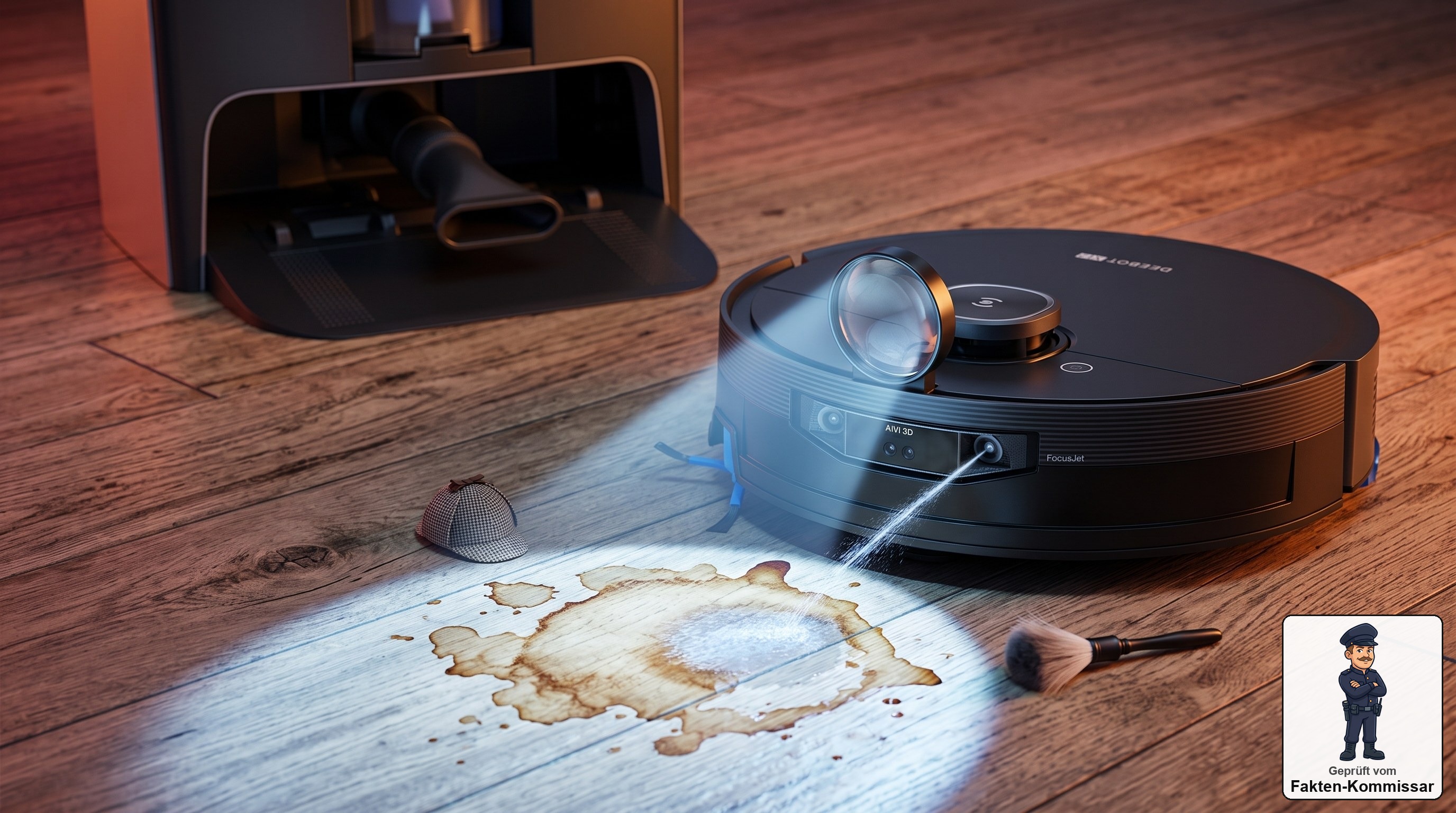 Ecovacs Deebot X12 OmniCyclone untersucht einen eingetrockneten Fleck, bevor er ihn vorwässert