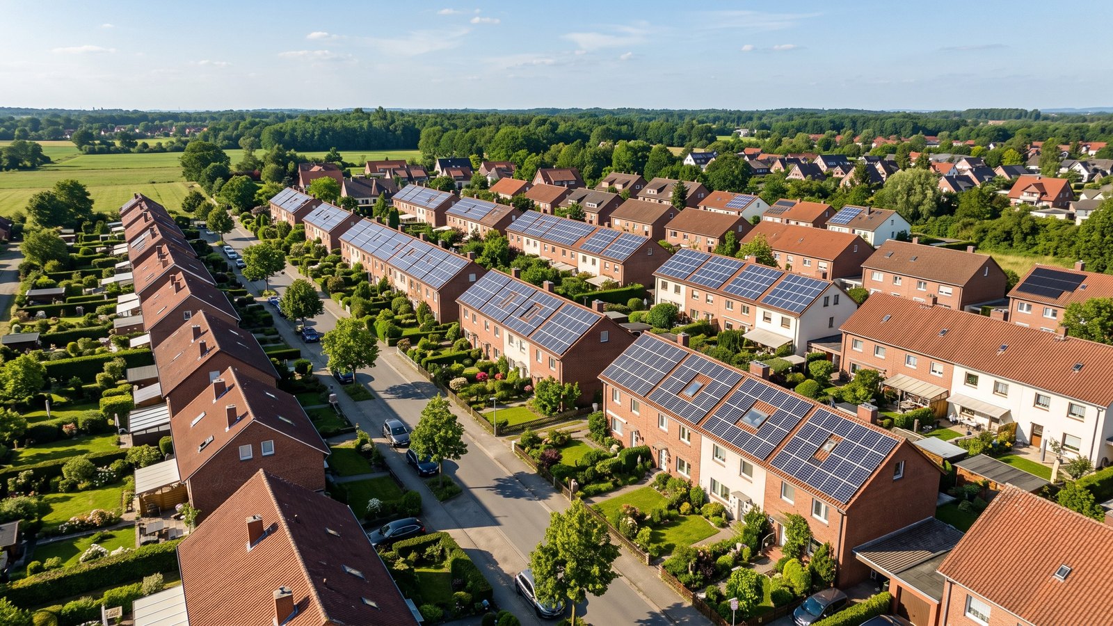 Luftaufnahme einer Wohnsiedlung, auf vielen Hausdächern liegen Solarmodule