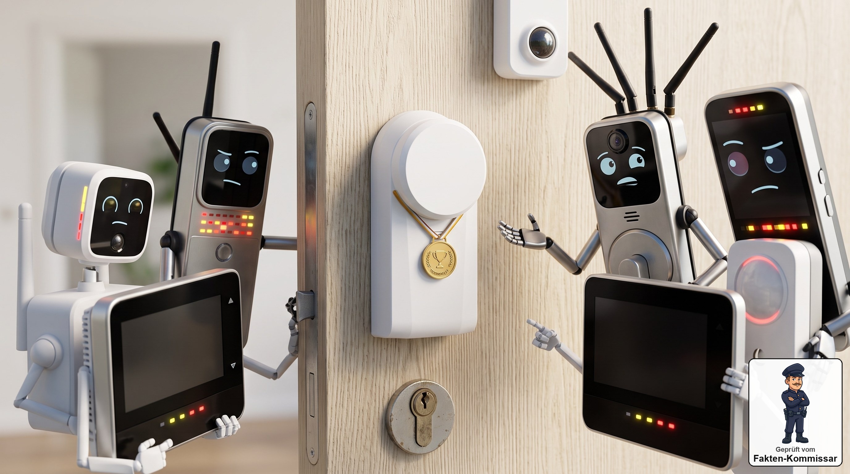 Eqiva Bluetooth Türschlossantrieb mit Testsieger-Medaille zwischen aufgeregten Smart-Home-Gadgets