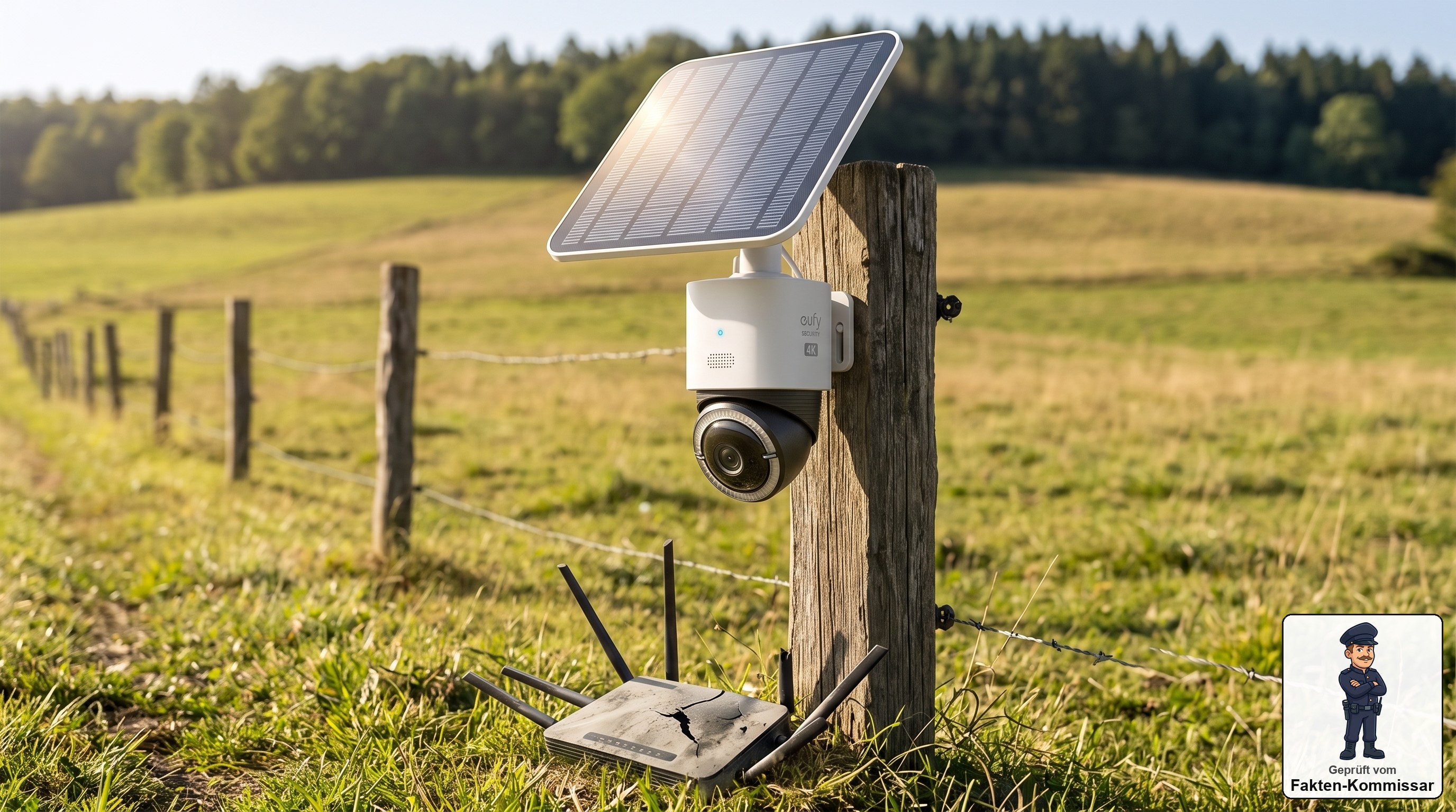 eufy 4G LTE Cam S330 an einem abgelegenen Zaun mit Solarpanel, ohne WLAN-Router in der Nähe