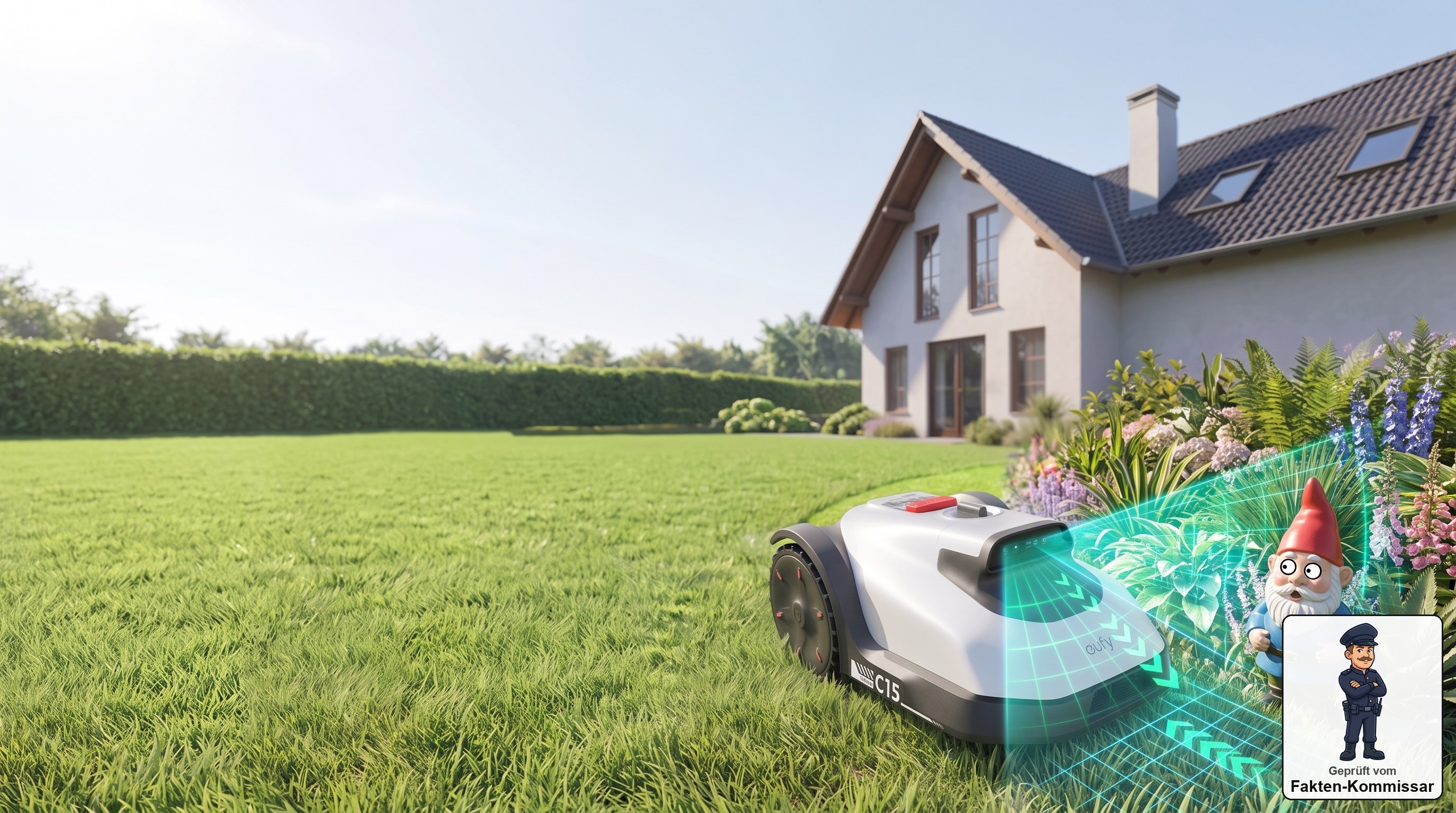 eufy C15 Mähroboter scannt mit seiner Kamera einen Gartenzwerg im kabellosen Garten