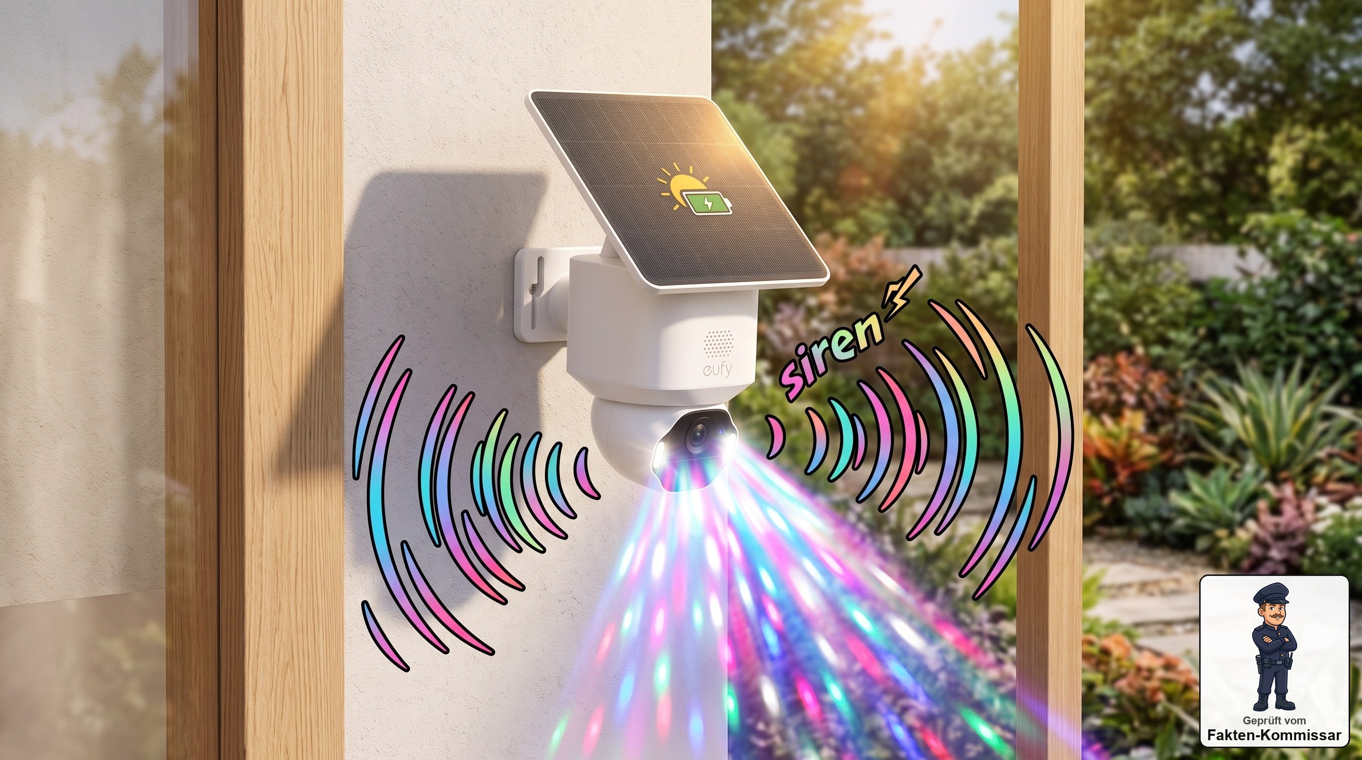 eufy SoloCam E42 löst bei Bewegung Sirene und Stroboskoplicht aus, Solarpanel an der Seite sichtbar