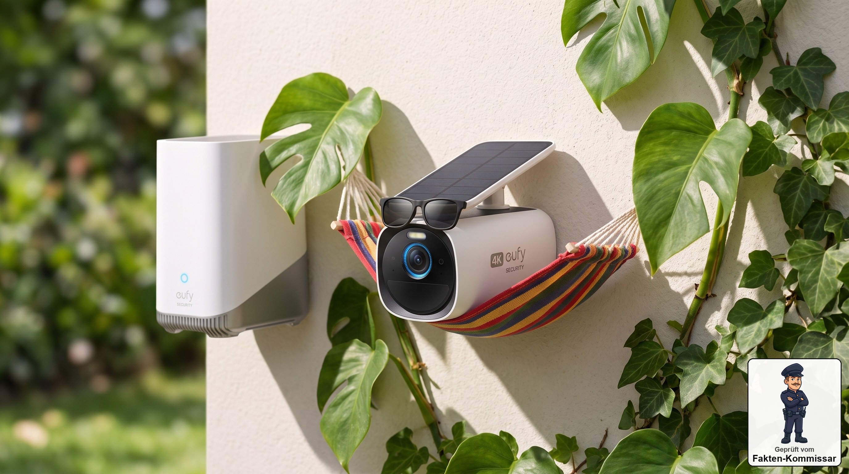eufyCam 3 mit Solarpanel entspannt in einer Hängematte, Sinnbild für ganzjährige Autonomie