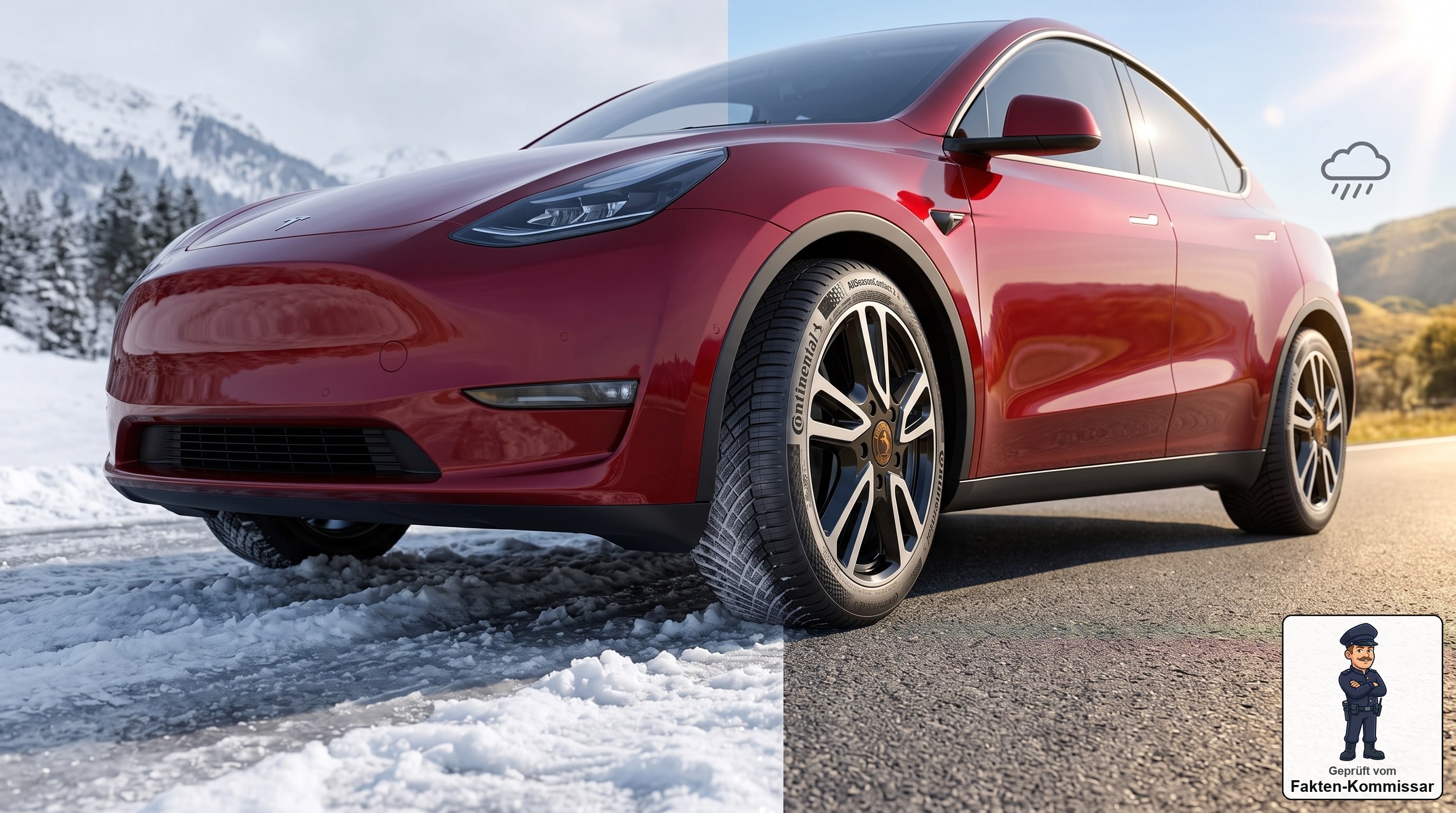 Tesla Model Y mit Ganzjahresreifen auf einer halb verschneiten, halb sonnigen Straße