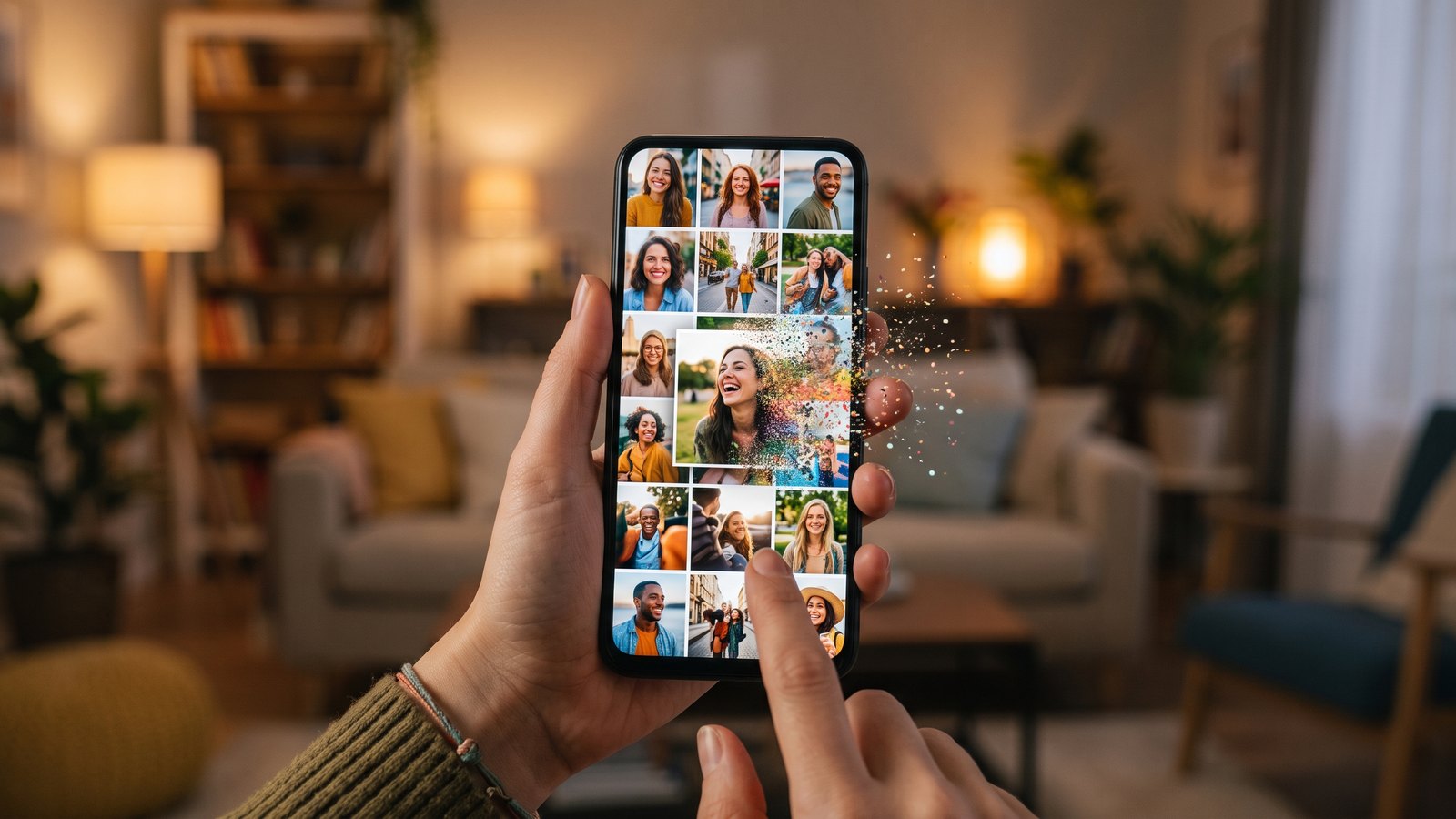 Hand hält ein Smartphone mit einem Bilderstrom aus Porträtfotos, eine der Kacheln löst sich am Rand in bunte Pixel auf