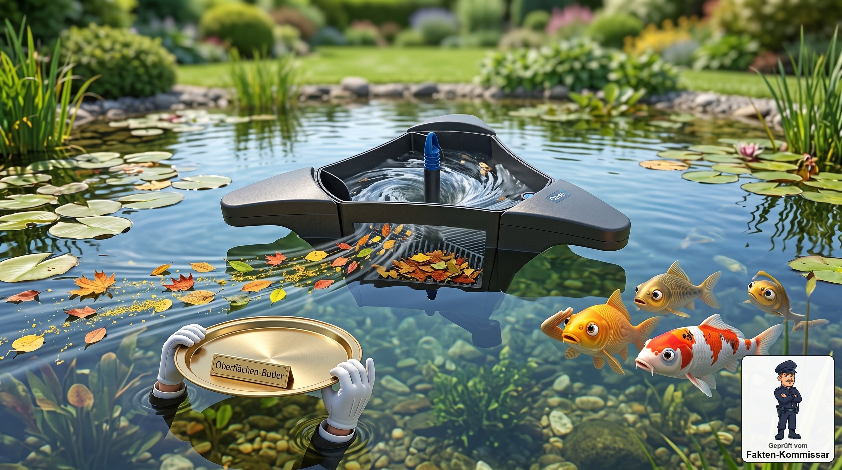Oase SwimSkim 50 schwimmt im Gartenteich und zieht Laub von der Wasseroberfläche