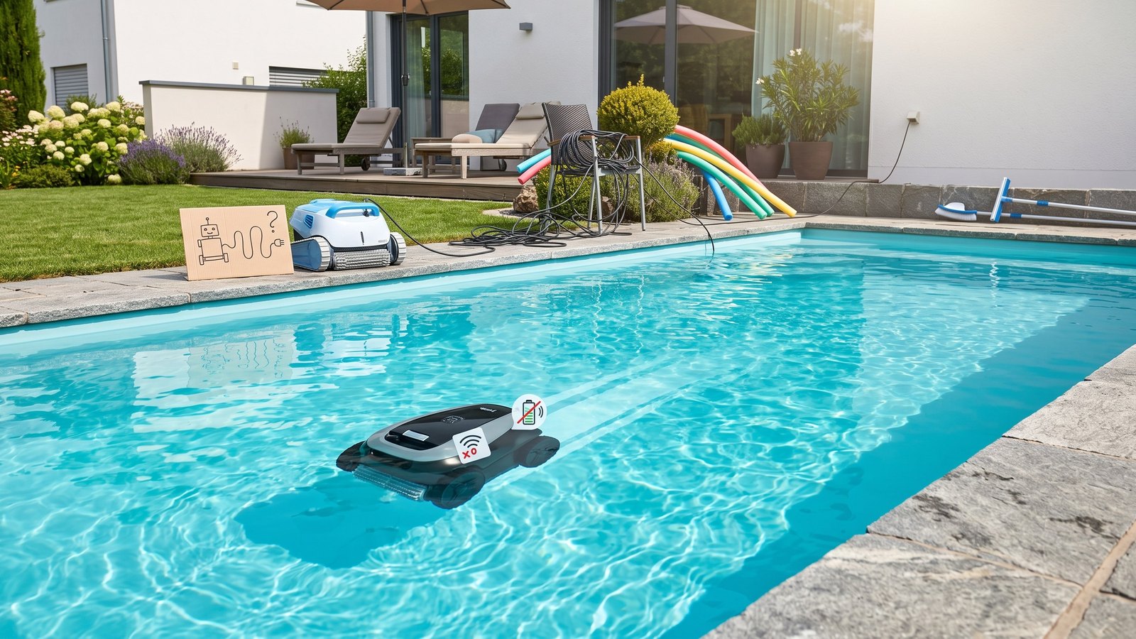 Symbolbild zum Thema Poolroboter & Poolpflege 2026: kabellos vs. kabelgebunden & sauberes Wasser