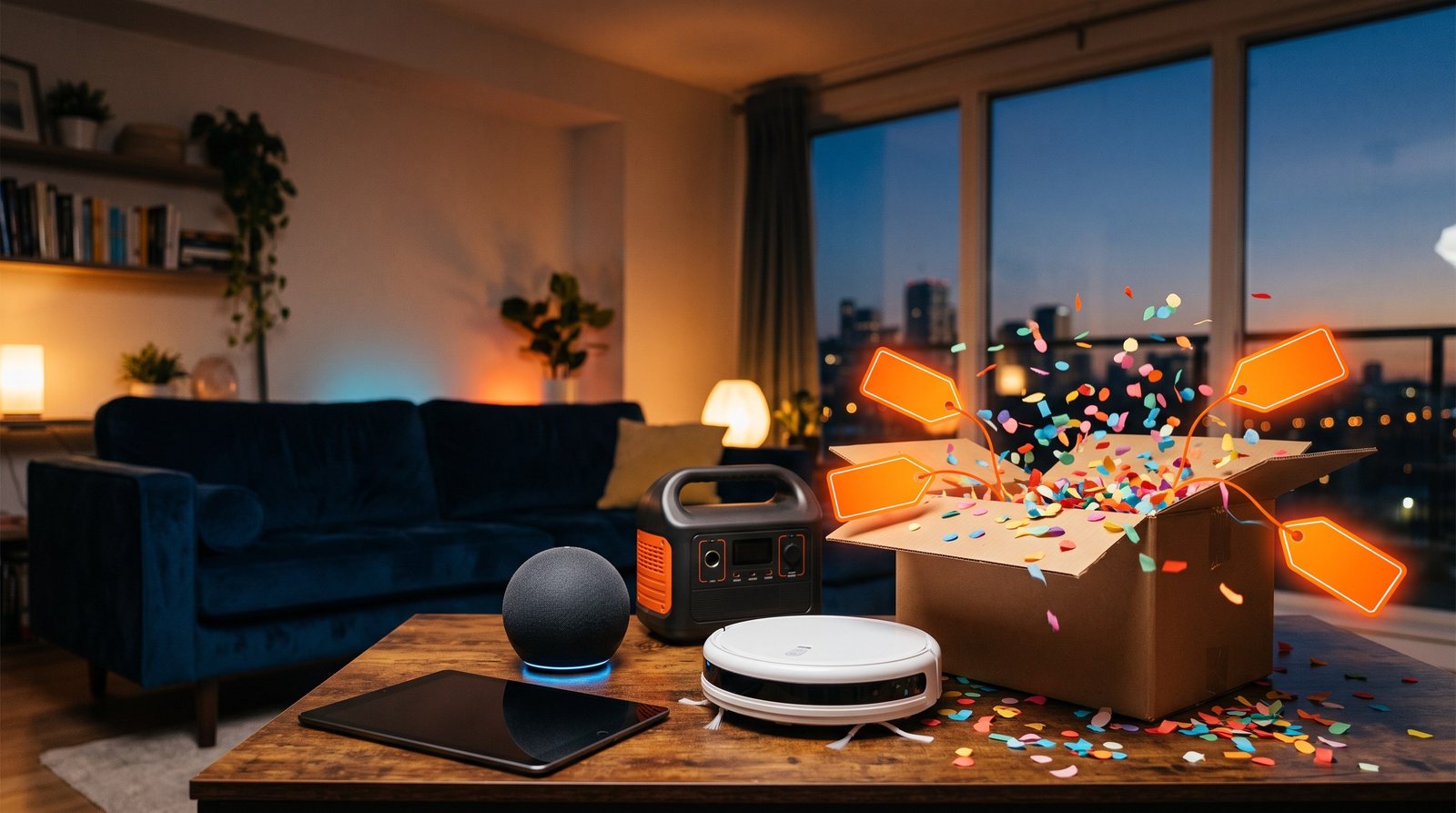 Wohnzimmertisch mit Smart-Home-Geräten und aufgeplatztem Paket mit Konfetti und Preisschildern