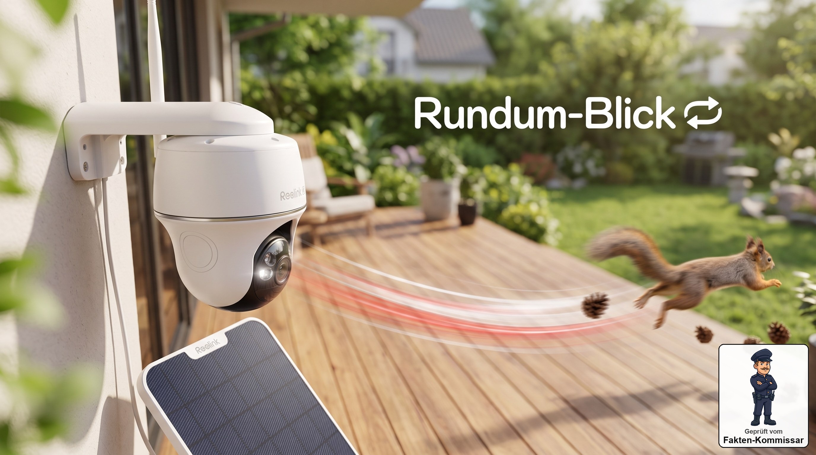 Reolink Argus B440 verfolgt mit weitem Schwenk ein Eichhörnchen im Garten