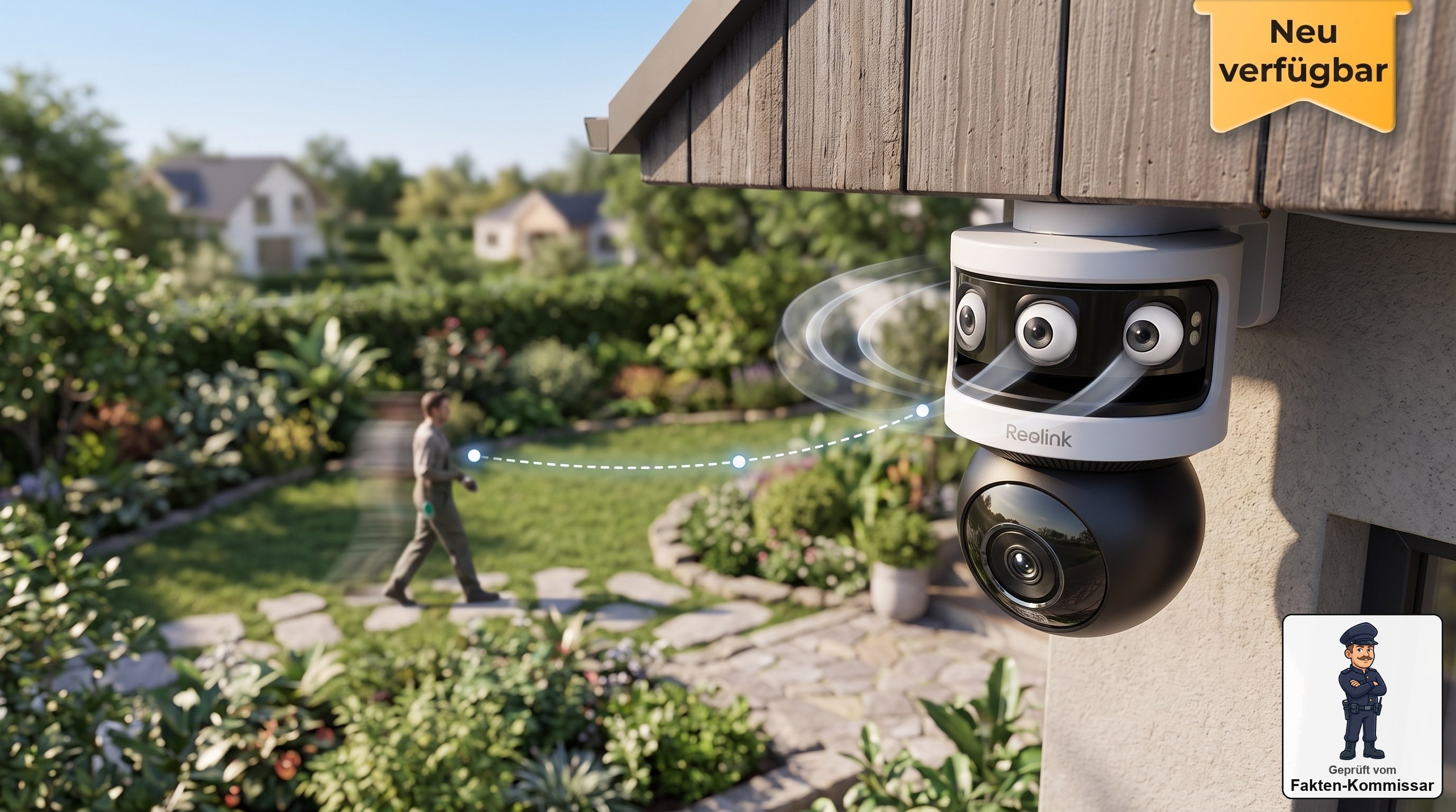 Reolink OMVI 3i PoE Überwachungskamera mit drei Objektiven verfolgt automatisch eine Person im Garten