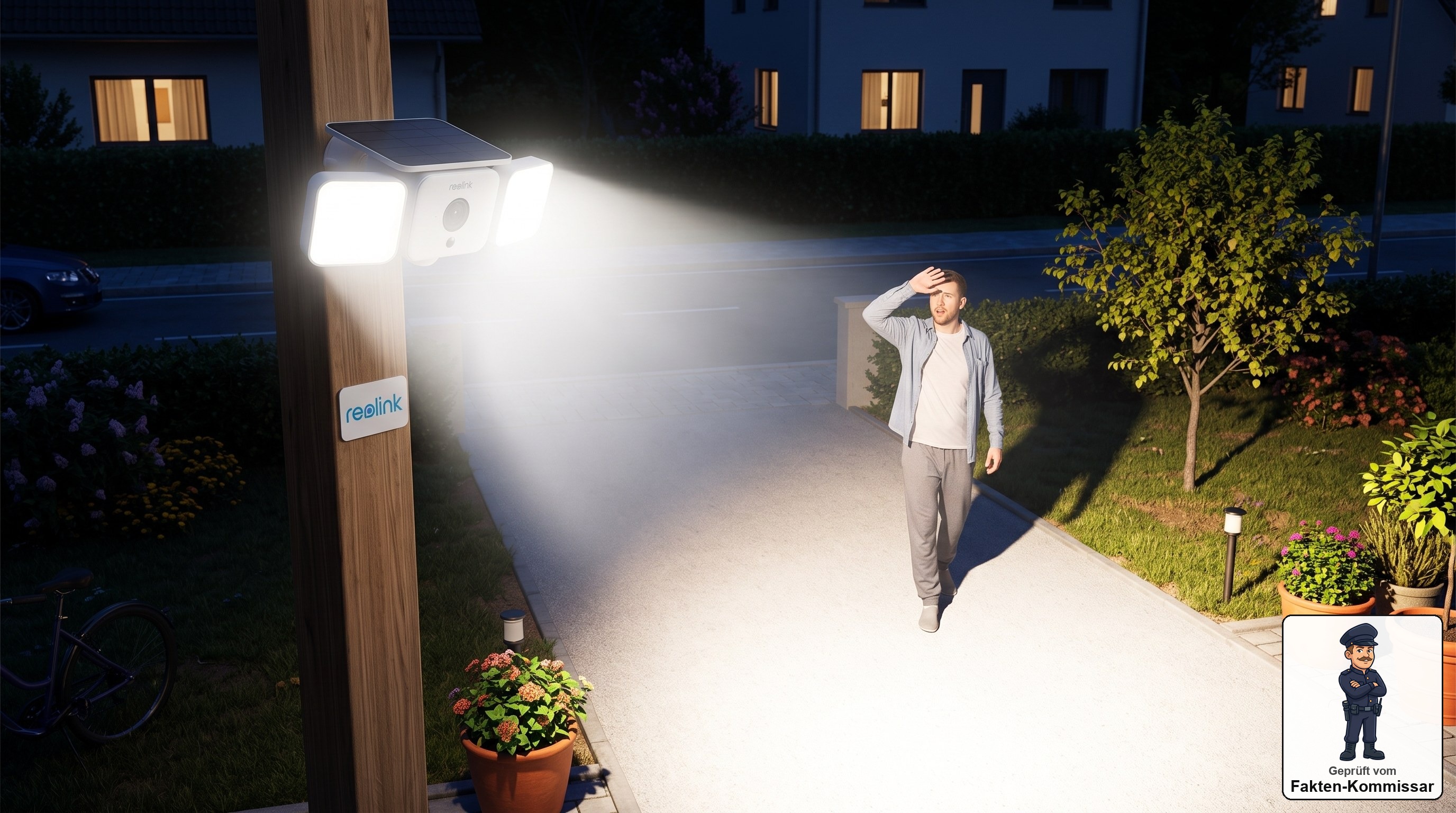 Reolink Solar Floodlight Cam erhellt nachts mit Flutlicht die Einfahrt wie am helllichten Tag
