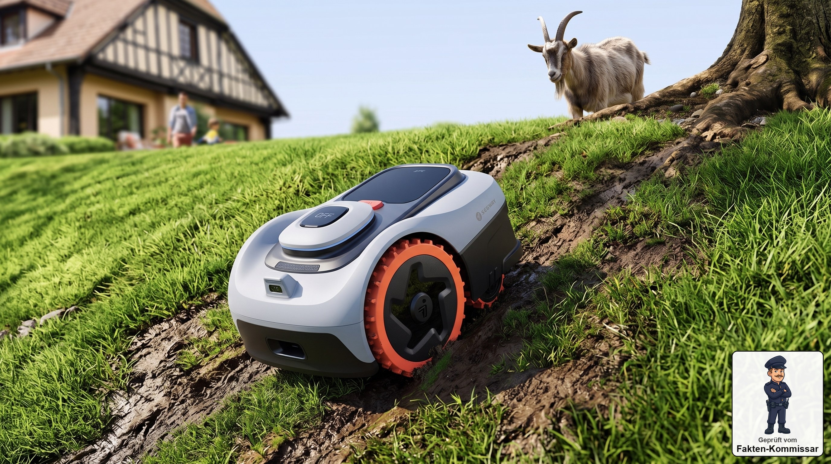 Segway Navimow i205 AWD erklimmt mit Allradantrieb eine steile Rasenböschung