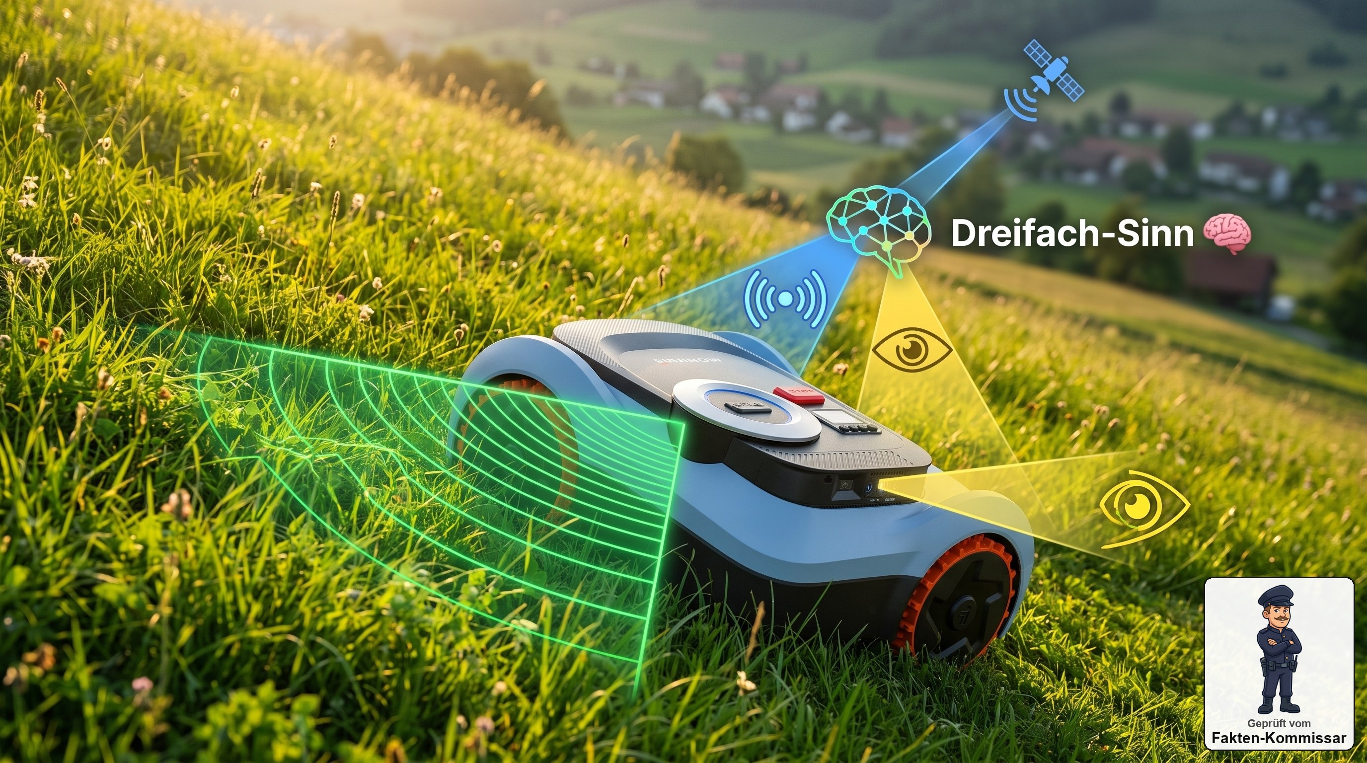 Segway Navimow i210 LiDAR Pro nutzt gleichzeitig LiDAR, RTK und KI-Kamera auf einer steilen Rasenfläche