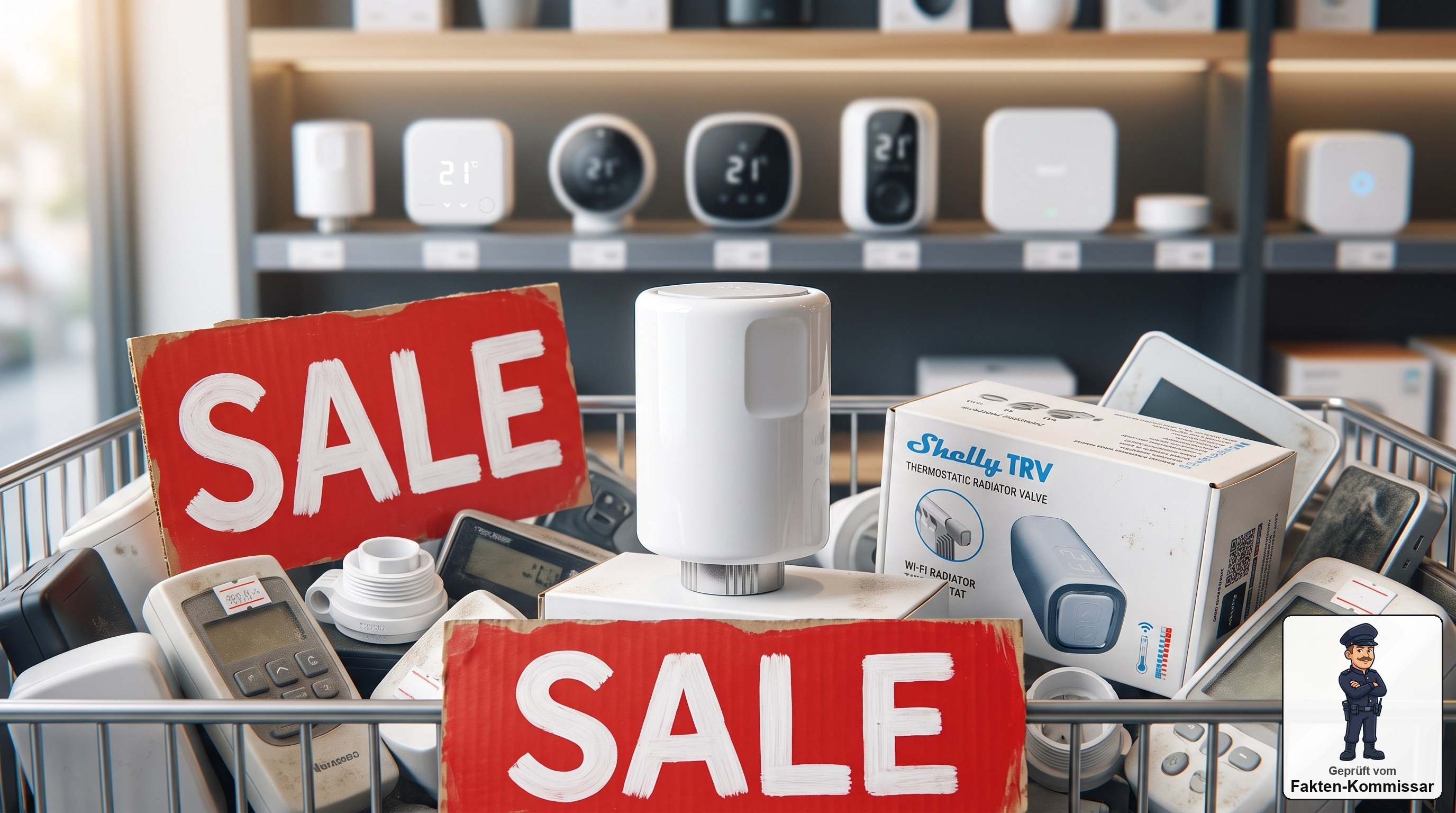 Shelly TRV Heizkörperthermostat auf einem Sale-Wühltisch mit Rabattschild