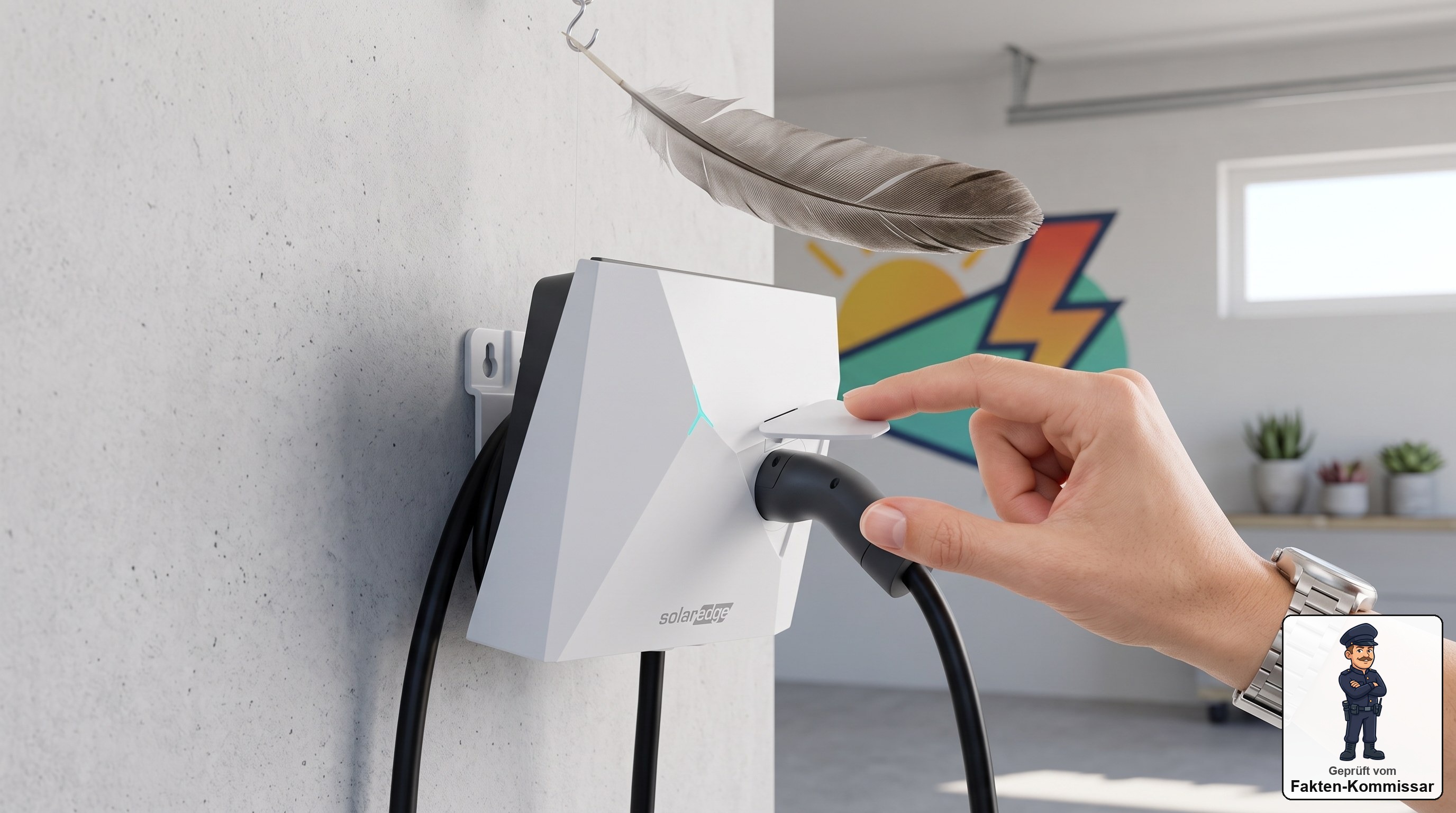 SolarEdge ONE EV Charger Pro Wallbox wird mit zwei Fingern leicht an die Wand geklickt