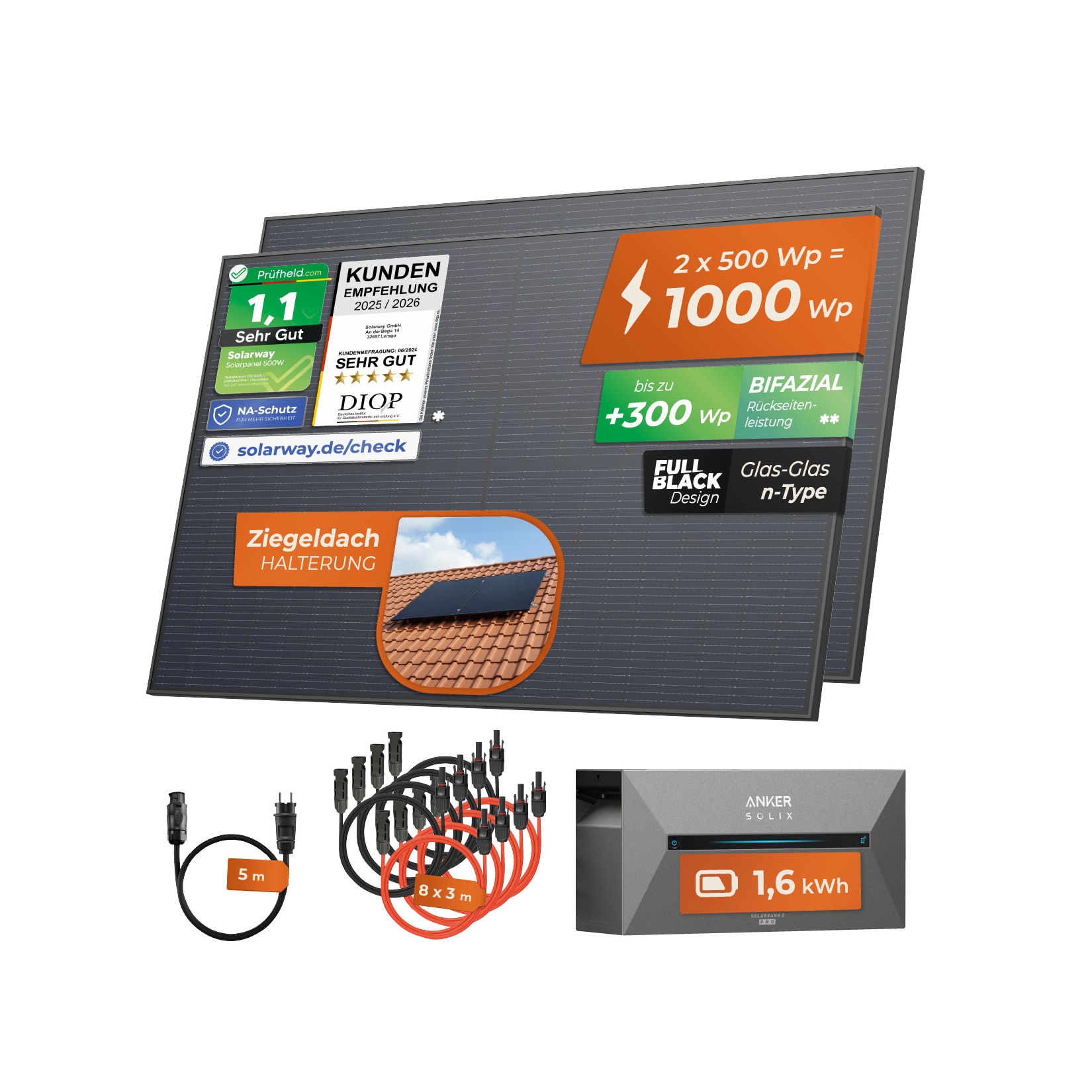 Solarway® All In One Balkonkraftwerk mit Speicher 1000W komplett Steckdose – 1,6 kWh