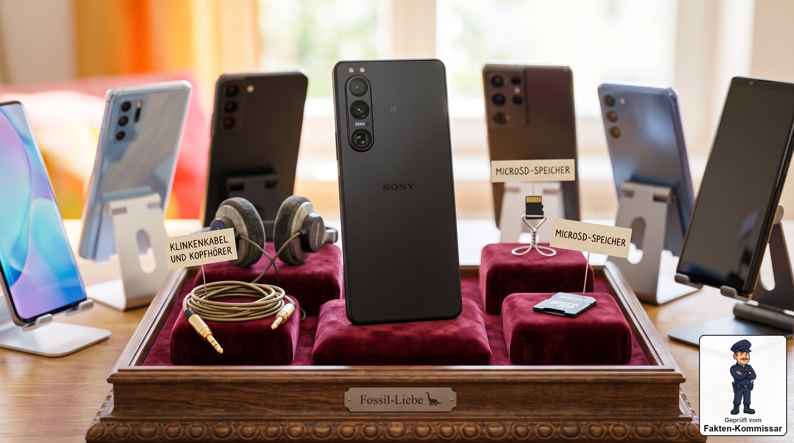 Sony Xperia 1 VIII mit Kopfhörerbuchse und microSD-Karte wie Museumsexponate präsentiert