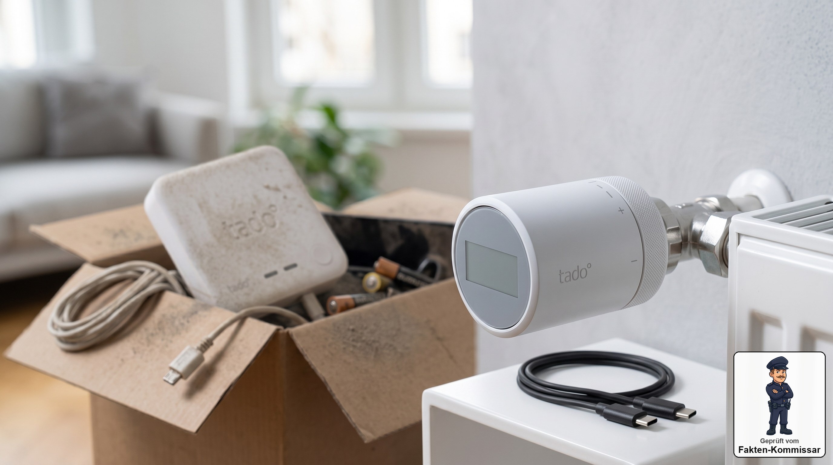 tado Smartes Thermostat X am Heizkörper, im Hintergrund die ausrangierte alte Bridge-Box