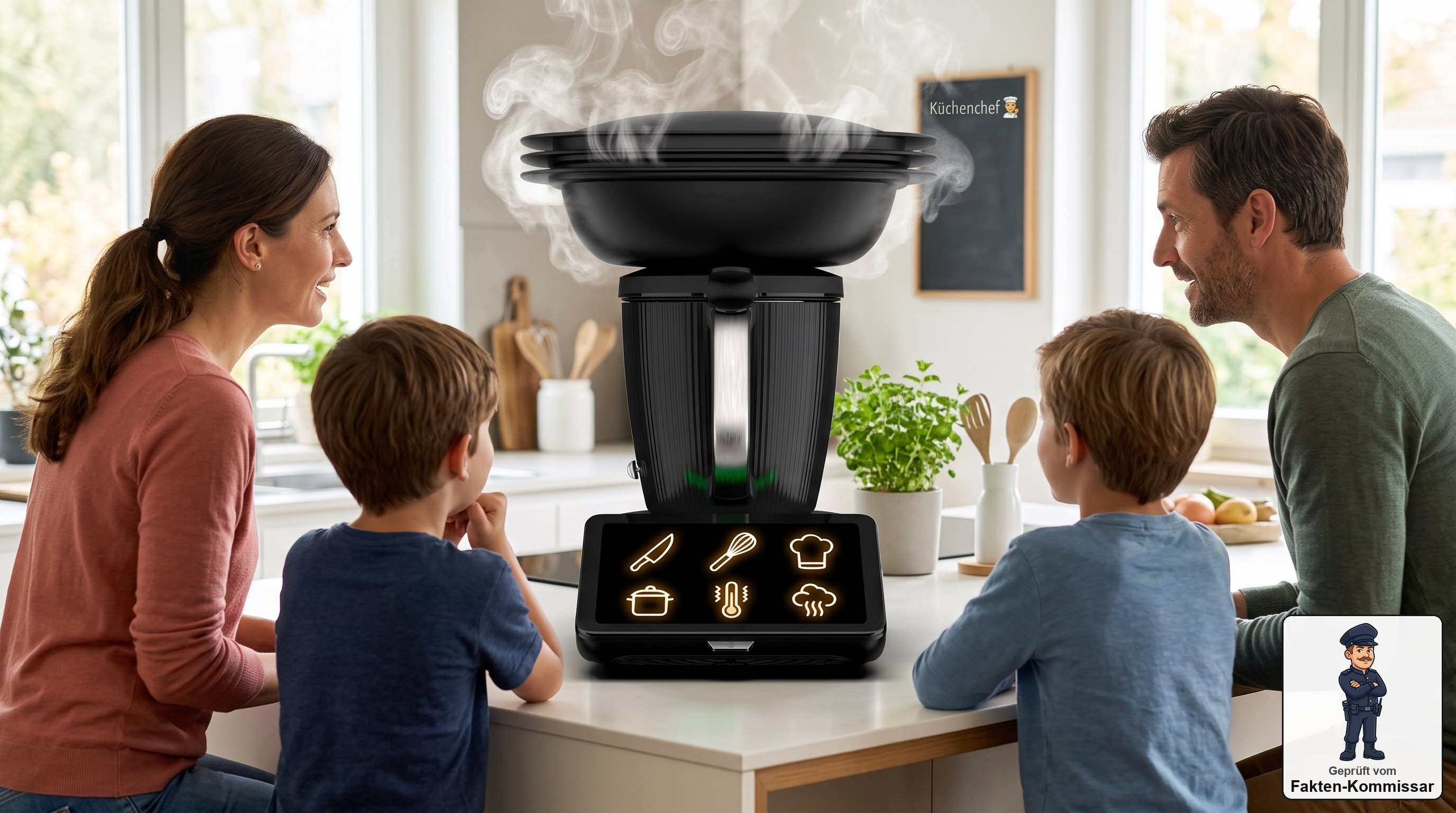 Vorwerk Thermomix TM7 mit großem Display wie ein kleiner Küchen-Fernseher, Familie schaut gebannt zu