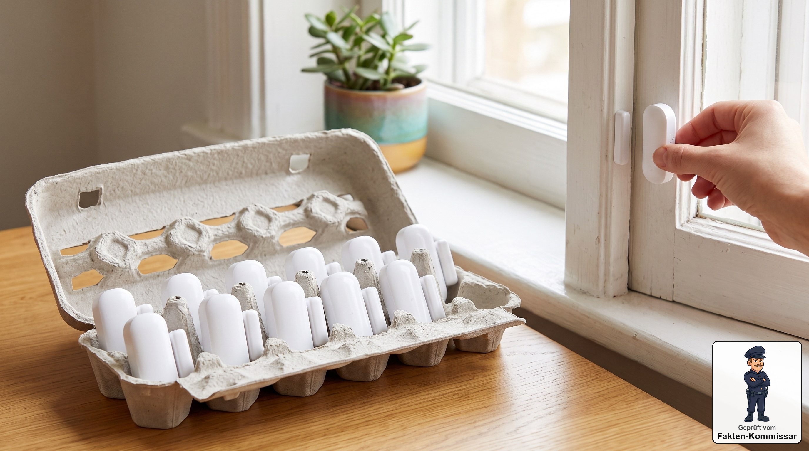 Zwölf tink Matter-Tür-/Fenstersensoren wie in einem Eierkarton aufgereiht, einer wird ans Fenster geklebt