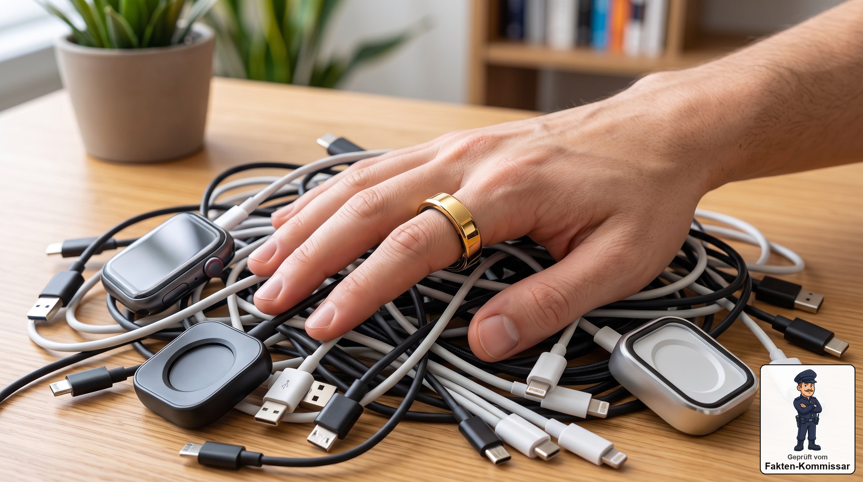 Ultrahuman Ring Pro am Finger, im Hintergrund ungenutzte Ladekabel