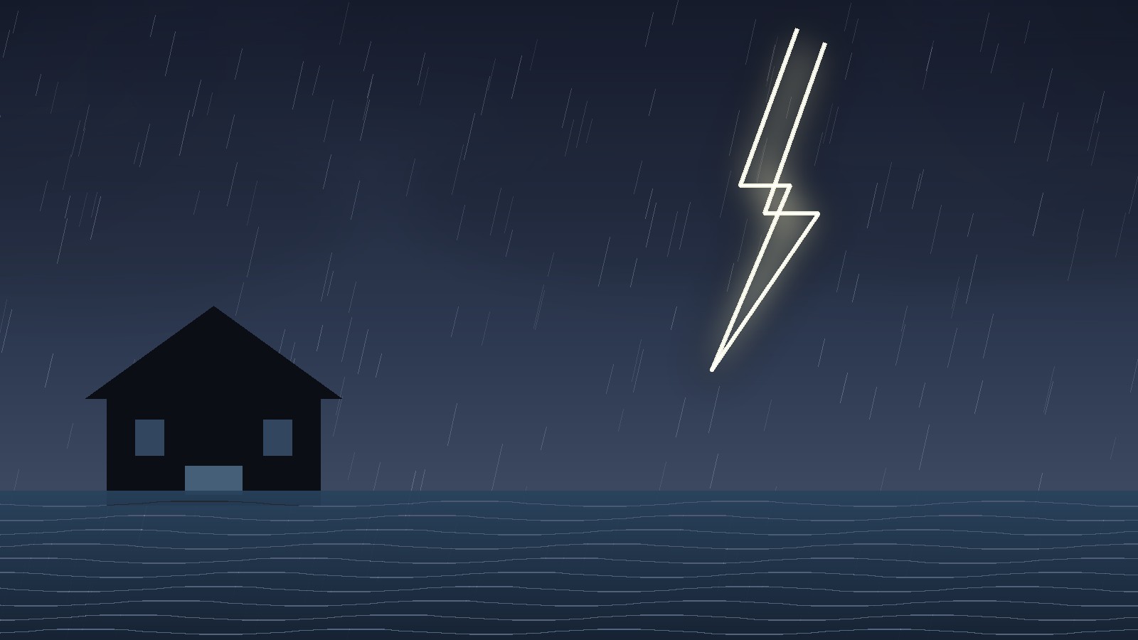 Illustration eines Hauses bei nächtlichem Unwetter mit Starkregen, Blitz und überflutetem Souterrain