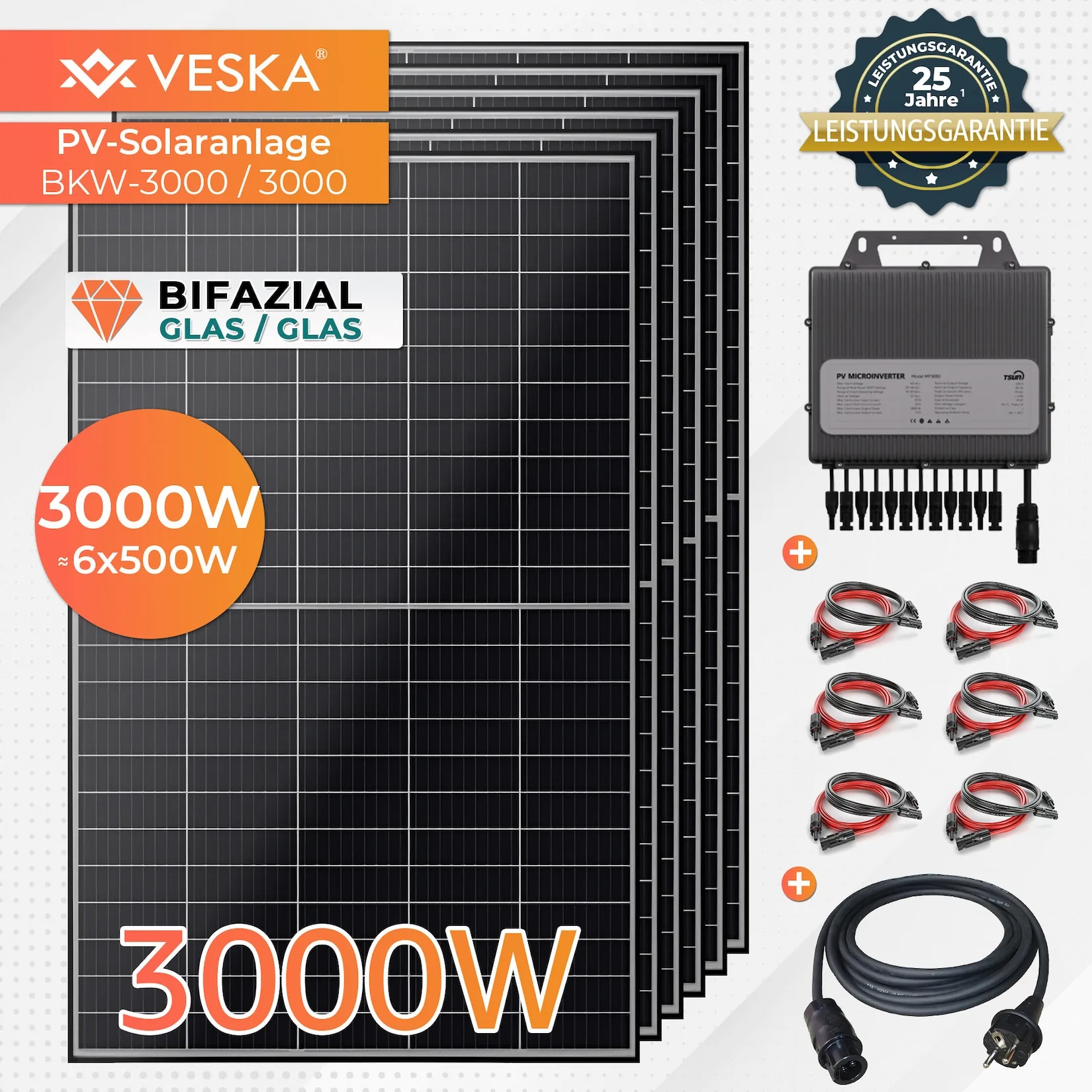 Veska Solaranlage 3000 W Photovoltaik Balkonkraftwerk Bifazial WiFi Smarte PV Anlage 3000