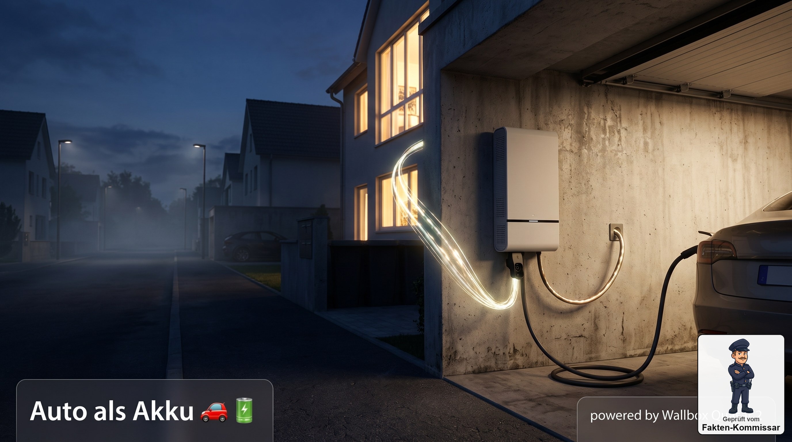 Wallbox Quasar 2 versorgt bei nächtlichem Stromausfall das erleuchtete Haus mit Energie aus dem E-Auto