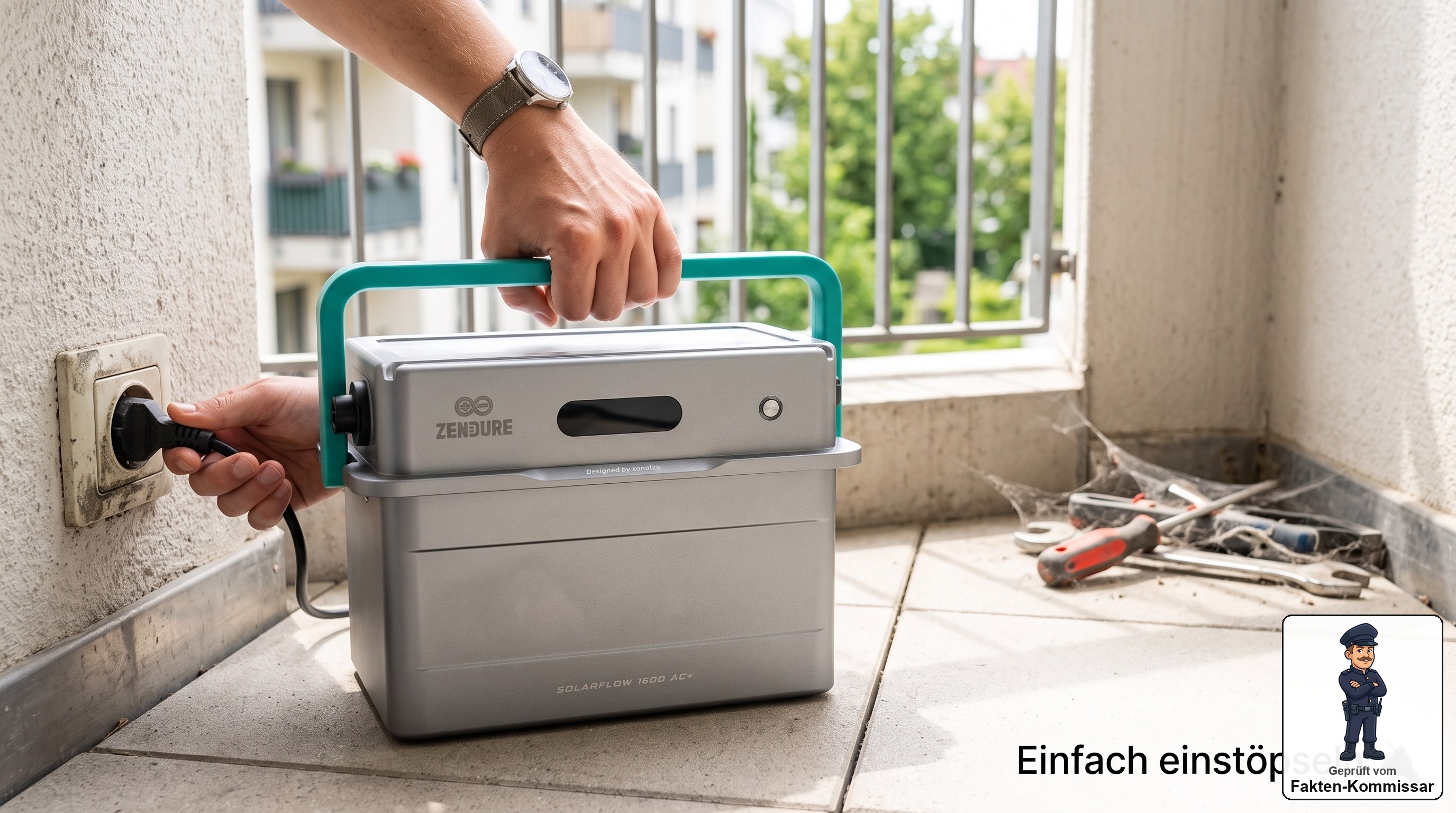 Zendure SolarFlow 1600 AC+ wird einfach in die Balkonsteckdose gesteckt