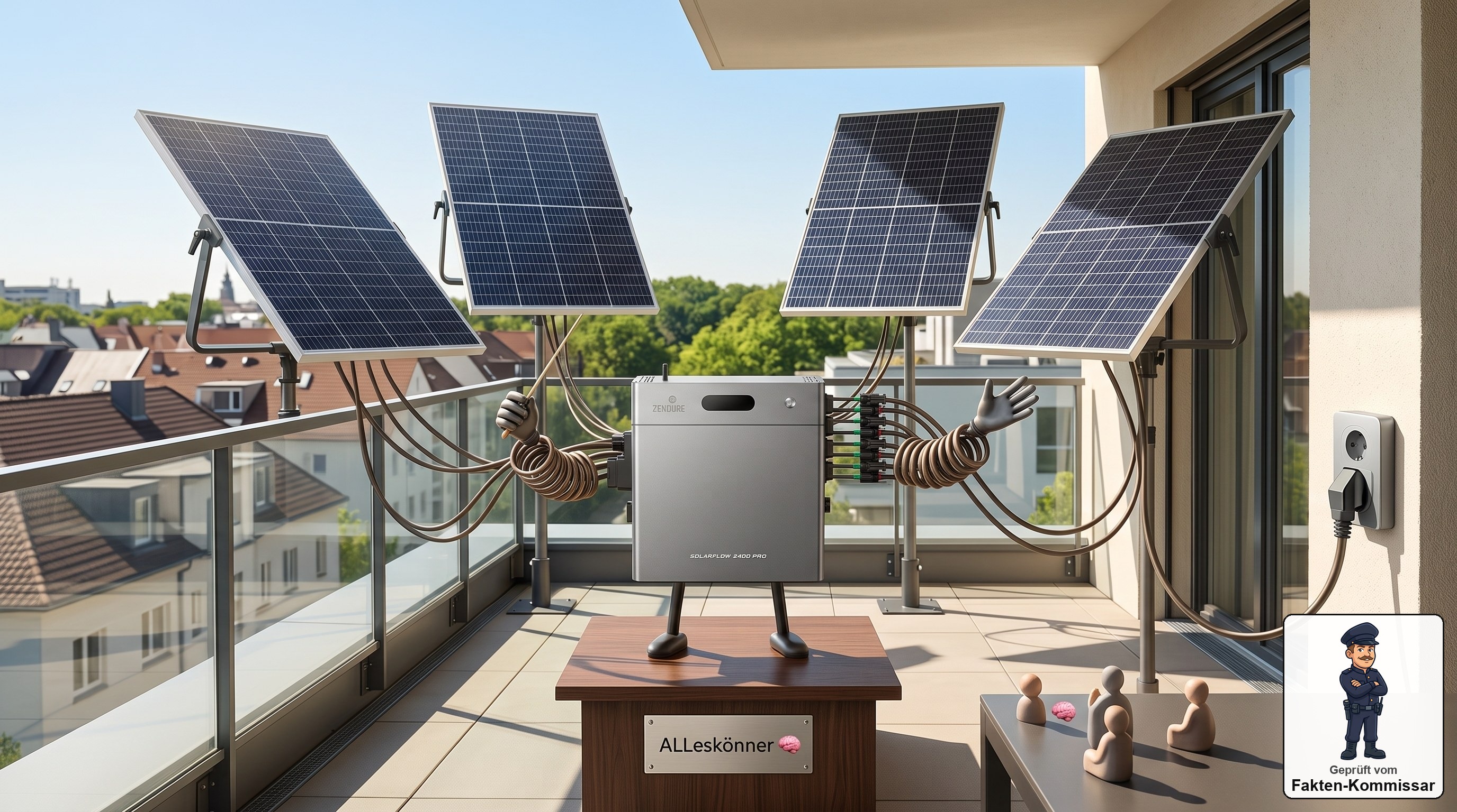Zendure SolarFlow 2400 Pro dirigiert symbolisch vier Solarmodule und eine Notstromsteckdose
