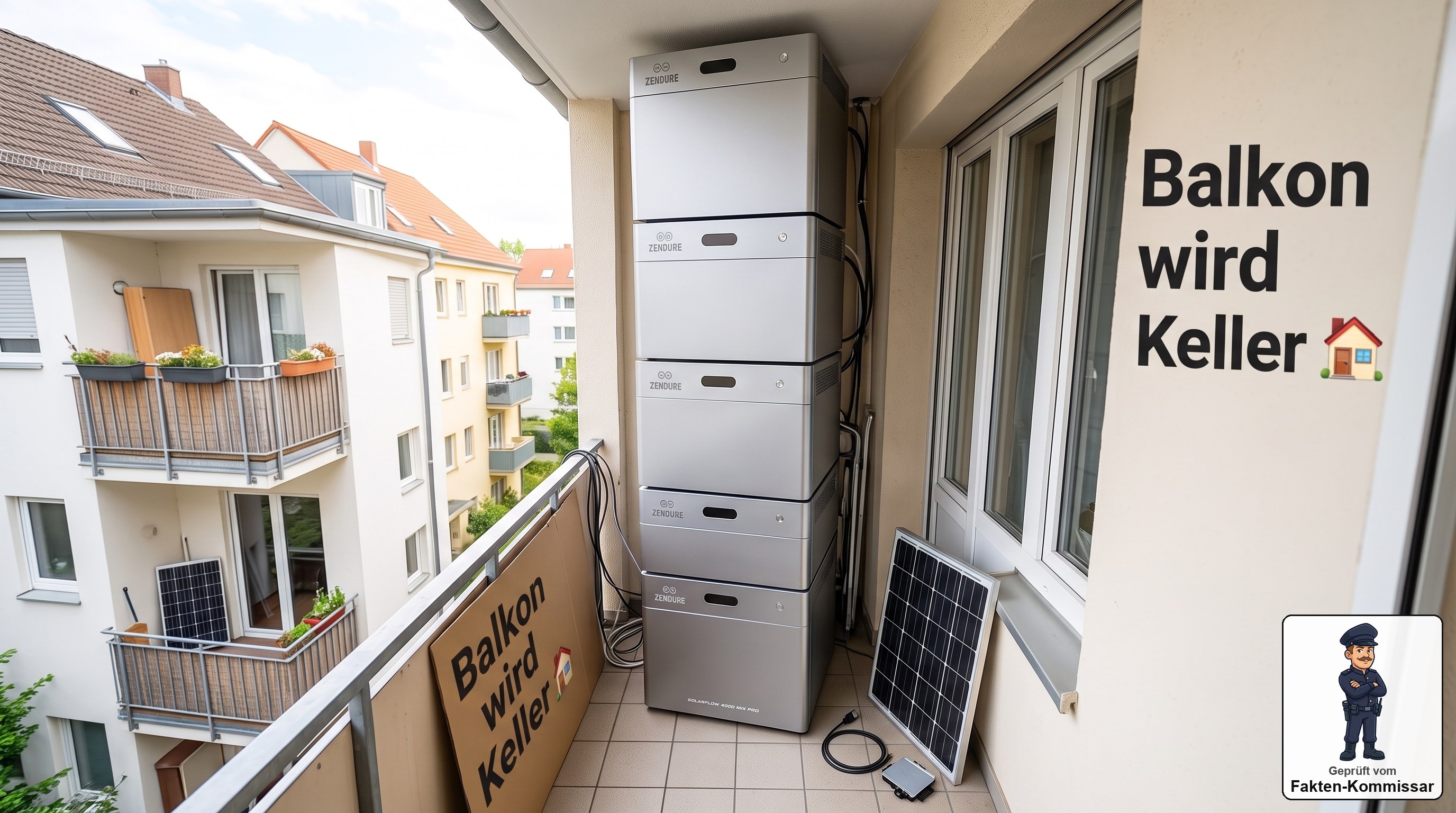Mehrere gestapelte Zendure SolarFlow 4000 Mix Pro Module auf einem Balkon