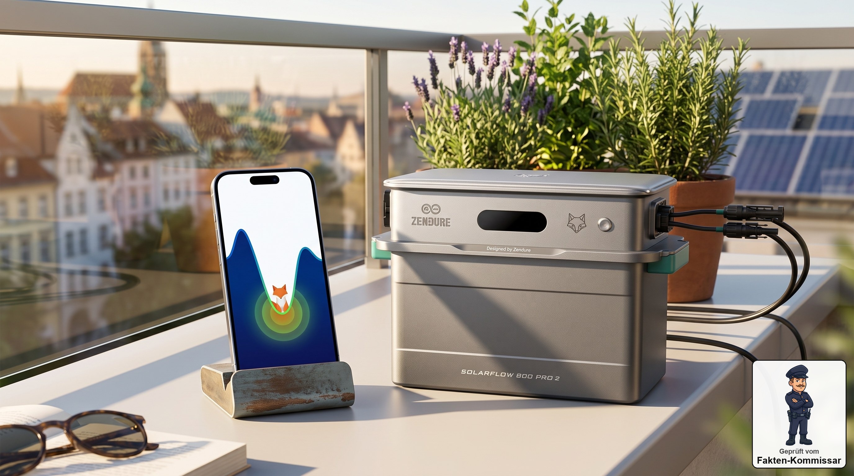 Zendure SolarFlow 800 Pro 2 auf dem Balkon lädt im günstigsten Moment, symbolisiert durch ein Strompreis-Wellensymbol